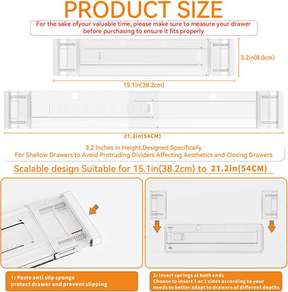 4 Pack 3.2 Inch Shallow Acrylic Drawer Dividers for Clothes -Expandable from 15-21''- Adjustable Drawer Dividers for Baby Clothing,Sock,Underwear,Clear in Drawer Separators for Dresser,Kitchen