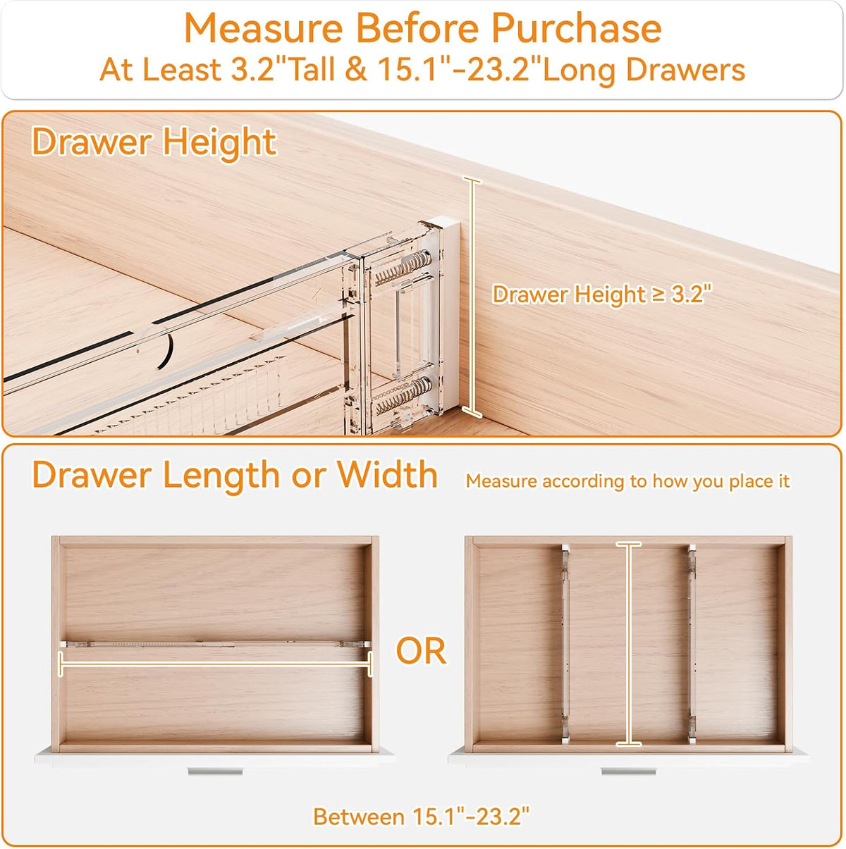 4 Pack 3.2 Inch Shallow Acrylic Drawer Dividers for Clothes -Expandable from 15-21''- Adjustable Drawer Dividers for Baby Clothing,Sock,Underwear,Clear in Drawer Separators for Dresser,Kitchen