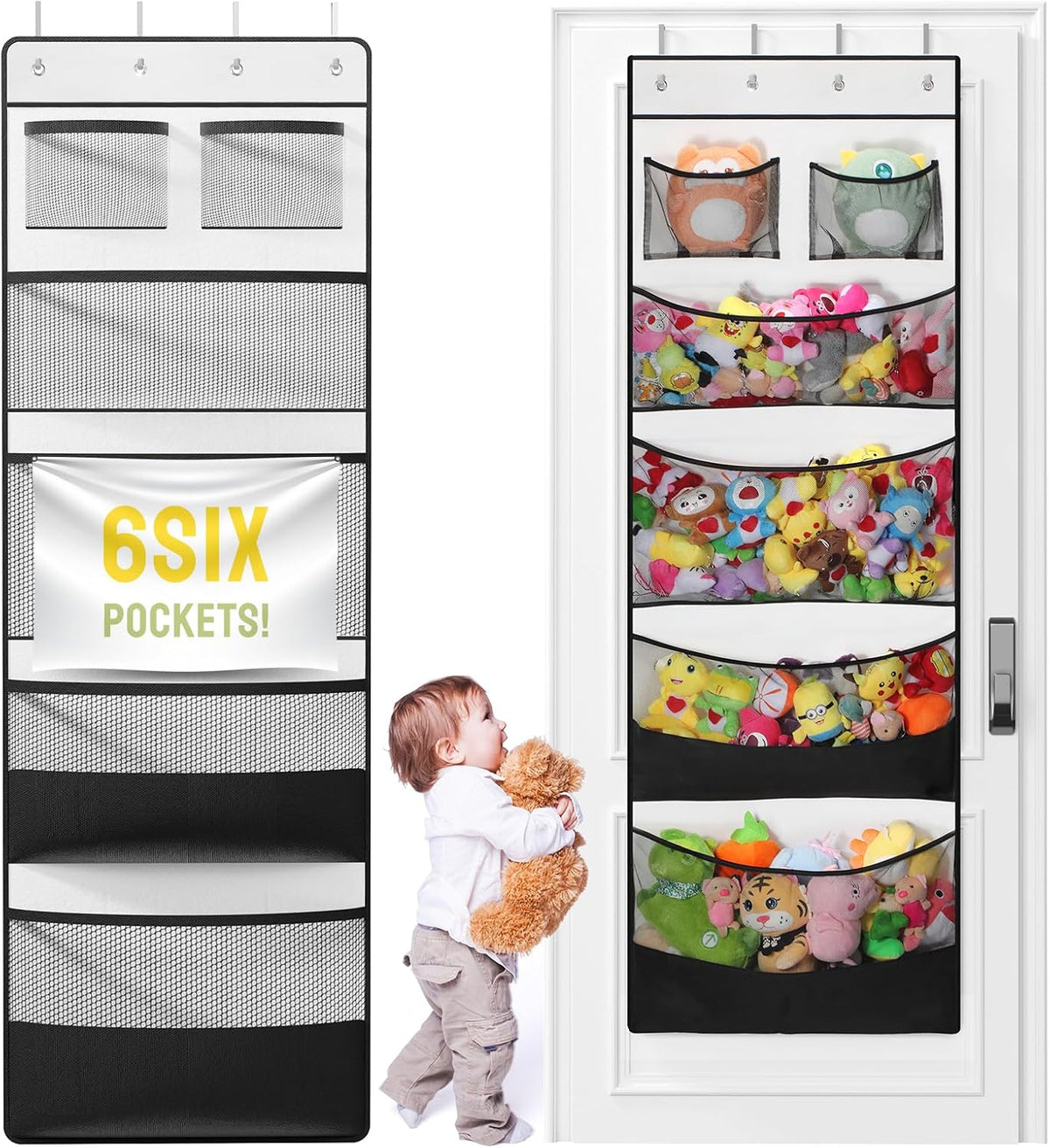 Stuffed Animal Storage, Hanging Organizer for Stuffed Animals with 6 Expandable Mesh Net Pockets, Stuffed Animal Hammock, Over the Door Organizer, Black