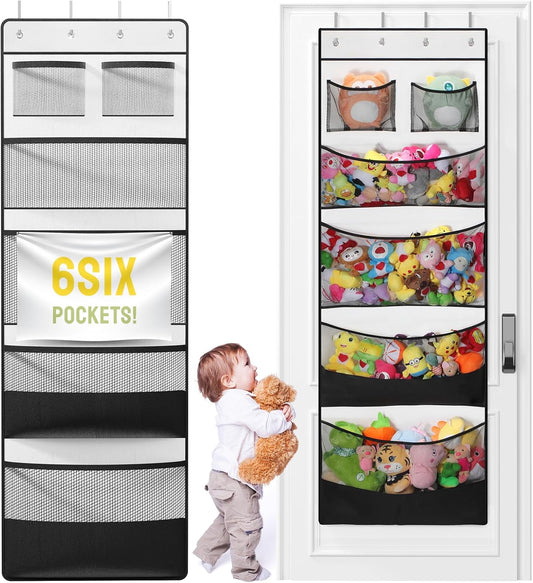 Stuffed Animal Storage, Hanging Organizer for Stuffed Animals with 6 Expandable Mesh Net Pockets, Stuffed Animal Hammock, Over the Door Organizer, Black