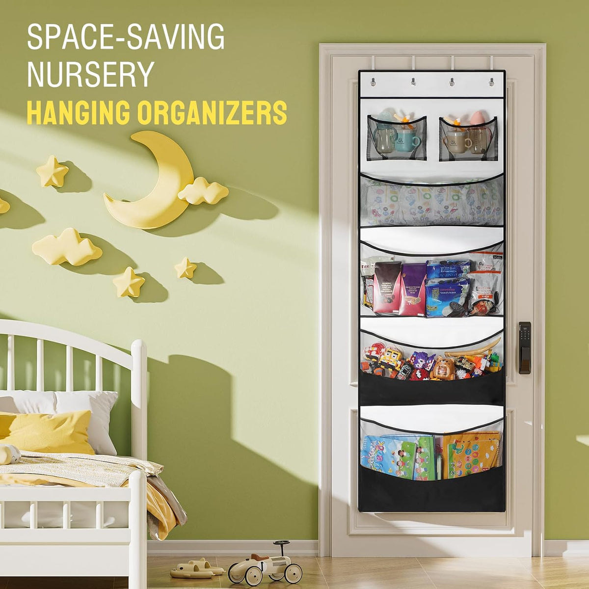 Stuffed Animal Storage, Hanging Organizer for Stuffed Animals with 6 Expandable Mesh Net Pockets, Stuffed Animal Hammock, Over the Door Organizer, Black