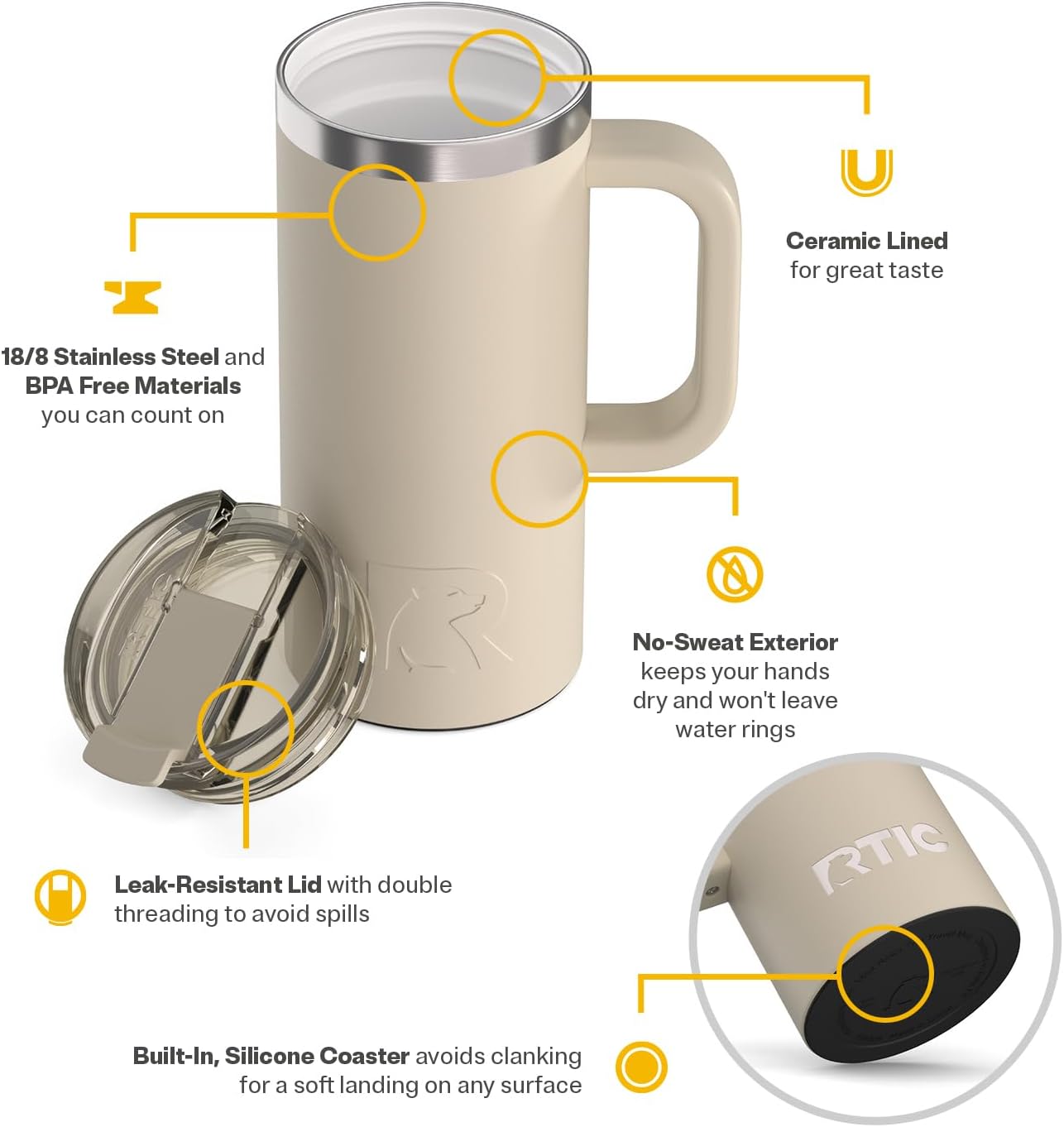 20oz Road Trip Travel Mug with Lid and Handle, Ceramic Lined, Beach | Stainless Steel Metal, Insulated Travel Cup for Hot and Cold Drinks, Coffee, Car, Camping and Travel