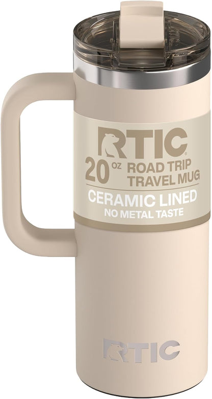 20oz Road Trip Travel Mug with Lid and Handle, Ceramic Lined, Beach | Stainless Steel Metal, Insulated Travel Cup for Hot and Cold Drinks, Coffee, Car, Camping and Travel