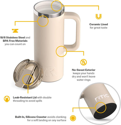 20oz Road Trip Travel Mug with Lid and Handle, Ceramic Lined, Beach | Stainless Steel Metal, Insulated Travel Cup for Hot and Cold Drinks, Coffee, Car, Camping and Travel
