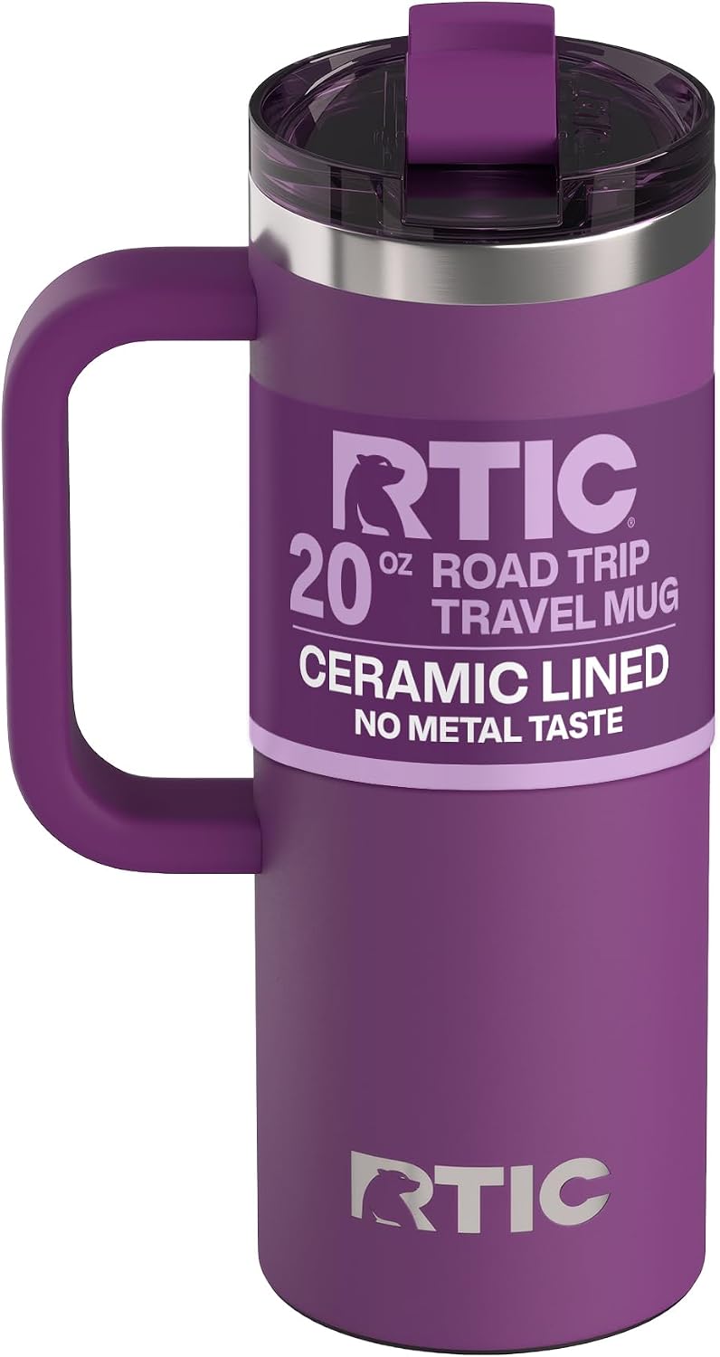 20oz Road Trip Travel Mug with Lid and Handle, Ceramic Lined, Beach | Stainless Steel Metal, Insulated Travel Cup for Hot and Cold Drinks, Coffee, Car, Camping and Travel