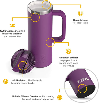 20oz Road Trip Travel Mug with Lid and Handle, Ceramic Lined, Beach | Stainless Steel Metal, Insulated Travel Cup for Hot and Cold Drinks, Coffee, Car, Camping and Travel