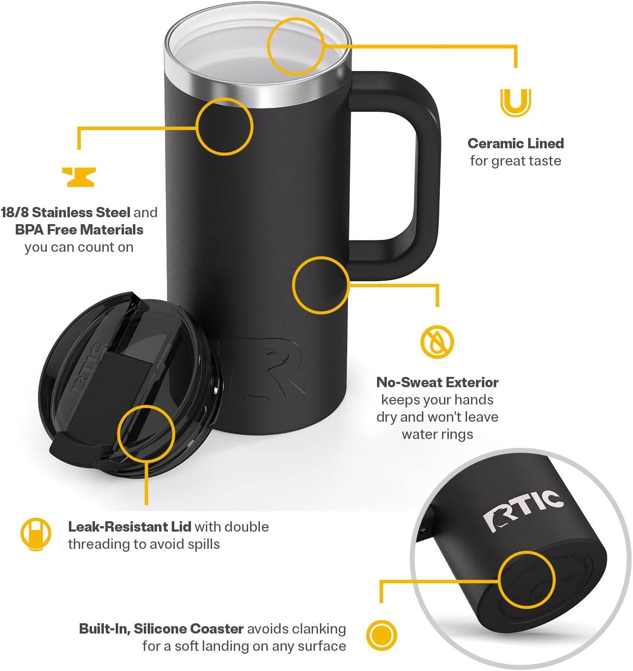 20oz Road Trip Travel Mug with Lid and Handle, Ceramic Lined, Beach | Stainless Steel Metal, Insulated Travel Cup for Hot and Cold Drinks, Coffee, Car, Camping and Travel