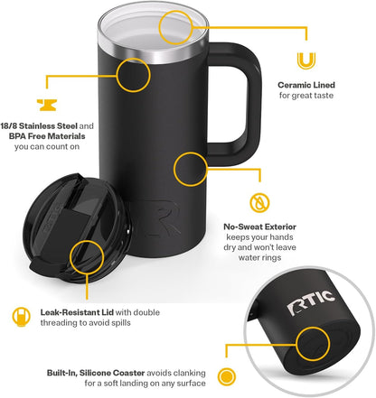 20oz Road Trip Travel Mug with Lid and Handle, Ceramic Lined, Beach | Stainless Steel Metal, Insulated Travel Cup for Hot and Cold Drinks, Coffee, Car, Camping and Travel