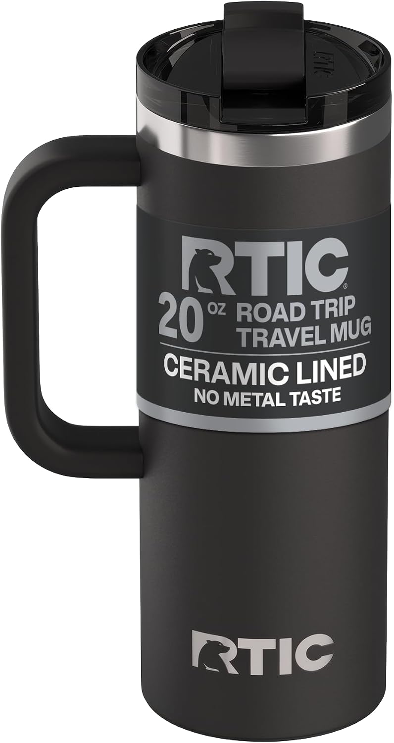 20oz Road Trip Travel Mug with Lid and Handle, Ceramic Lined, Beach | Stainless Steel Metal, Insulated Travel Cup for Hot and Cold Drinks, Coffee, Car, Camping and Travel