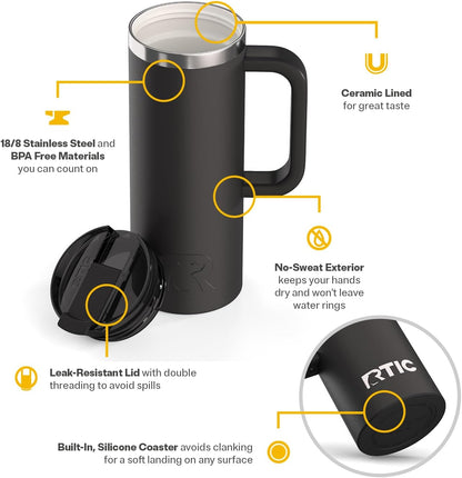 20oz Road Trip Travel Mug with Lid and Handle, Ceramic Lined, Beach | Stainless Steel Metal, Insulated Travel Cup for Hot and Cold Drinks, Coffee, Car, Camping and Travel