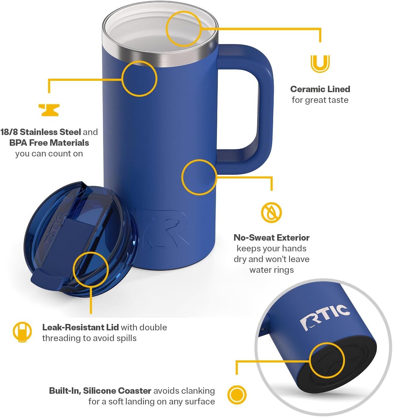 20oz Road Trip Travel Mug with Lid and Handle, Ceramic Lined, Beach | Stainless Steel Metal, Insulated Travel Cup for Hot and Cold Drinks, Coffee, Car, Camping and Travel