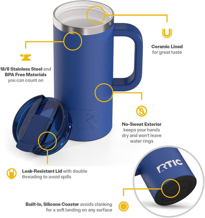 20oz Road Trip Travel Mug with Lid and Handle, Ceramic Lined, Beach | Stainless Steel Metal, Insulated Travel Cup for Hot and Cold Drinks, Coffee, Car, Camping and Travel