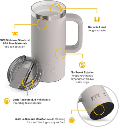 20oz Road Trip Travel Mug with Lid and Handle, Ceramic Lined, Beach | Stainless Steel Metal, Insulated Travel Cup for Hot and Cold Drinks, Coffee, Car, Camping and Travel