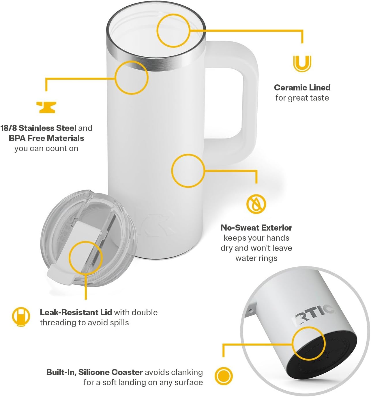 20oz Road Trip Travel Mug with Lid and Handle, Ceramic Lined, Beach | Stainless Steel Metal, Insulated Travel Cup for Hot and Cold Drinks, Coffee, Car, Camping and Travel