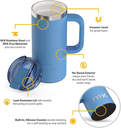 20oz Road Trip Travel Mug with Lid and Handle, Ceramic Lined, Beach | Stainless Steel Metal, Insulated Travel Cup for Hot and Cold Drinks, Coffee, Car, Camping and Travel