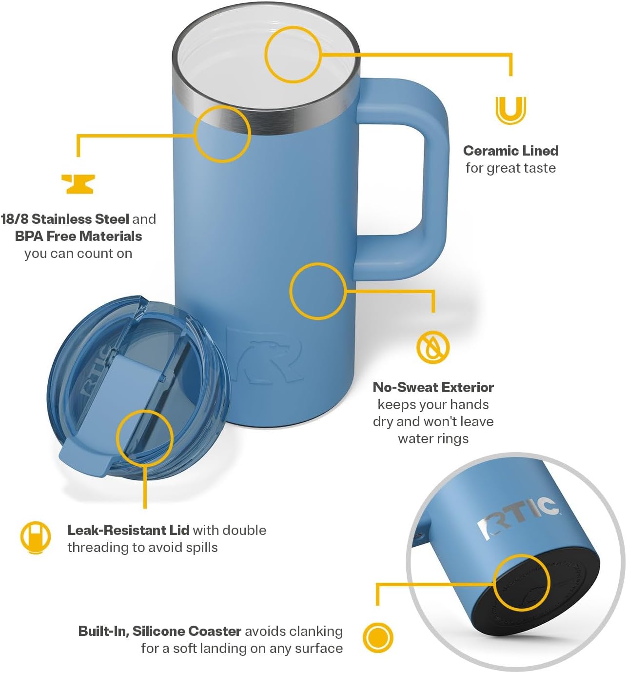 20oz Road Trip Travel Mug with Lid and Handle, Ceramic Lined, Beach | Stainless Steel Metal, Insulated Travel Cup for Hot and Cold Drinks, Coffee, Car, Camping and Travel