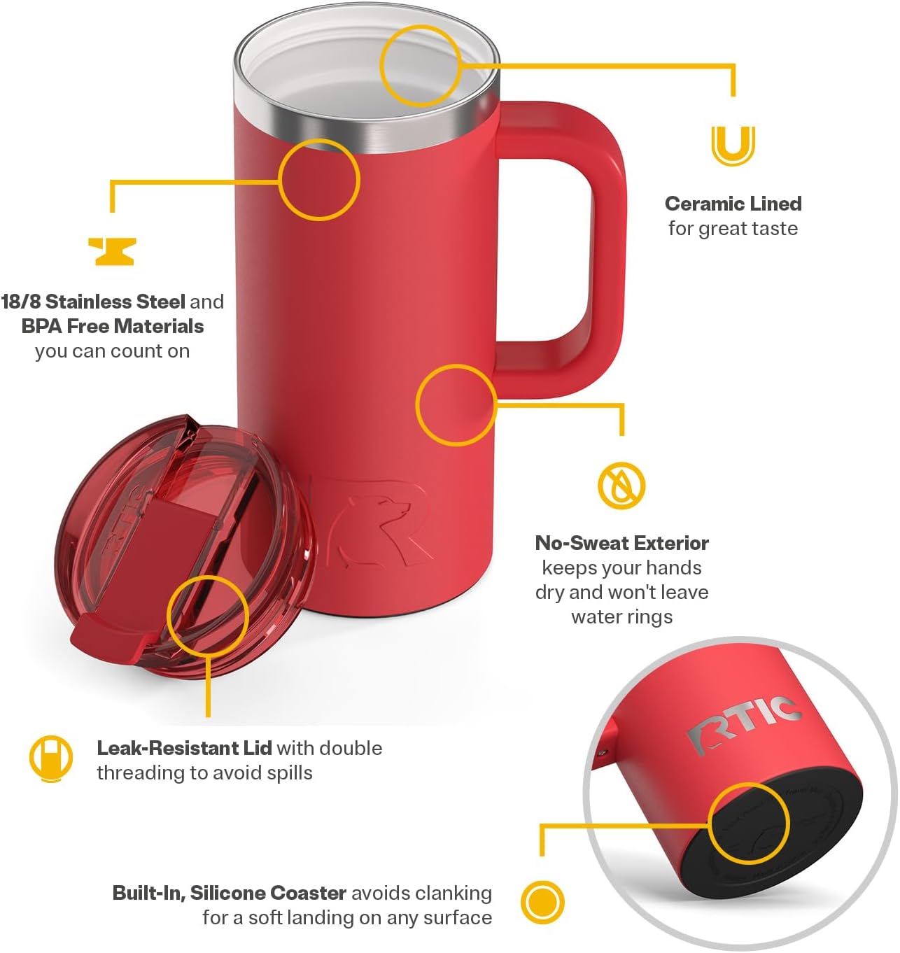 20oz Road Trip Travel Mug with Lid and Handle, Ceramic Lined, Beach | Stainless Steel Metal, Insulated Travel Cup for Hot and Cold Drinks, Coffee, Car, Camping and Travel
