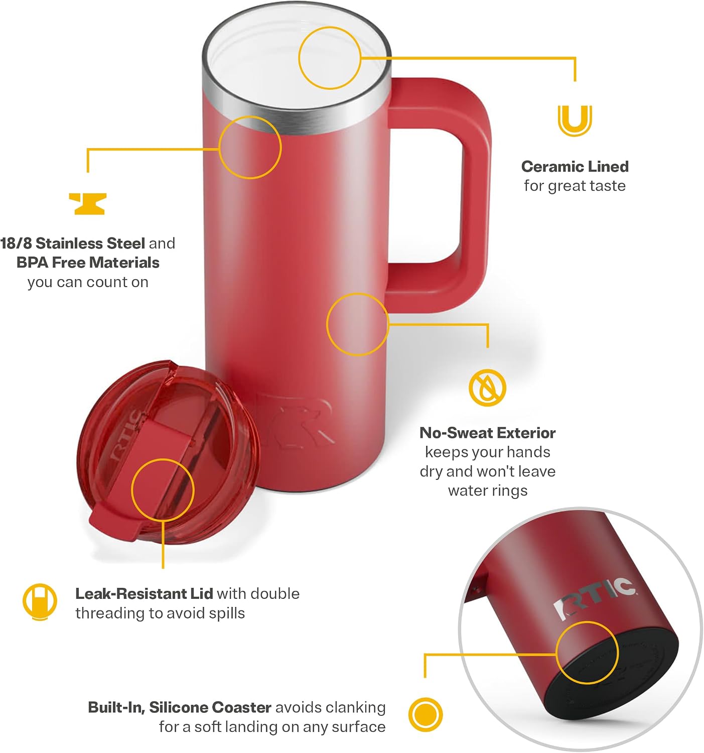 20oz Road Trip Travel Mug with Lid and Handle, Ceramic Lined, Beach | Stainless Steel Metal, Insulated Travel Cup for Hot and Cold Drinks, Coffee, Car, Camping and Travel