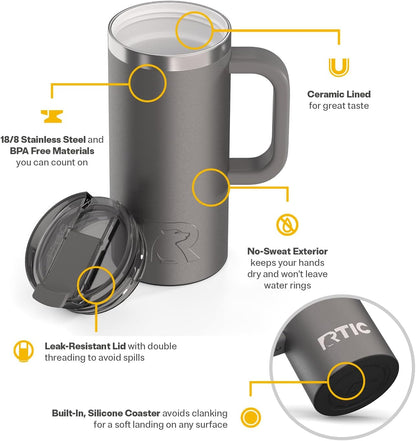 20oz Road Trip Travel Mug with Lid and Handle, Ceramic Lined, Beach | Stainless Steel Metal, Insulated Travel Cup for Hot and Cold Drinks, Coffee, Car, Camping and Travel