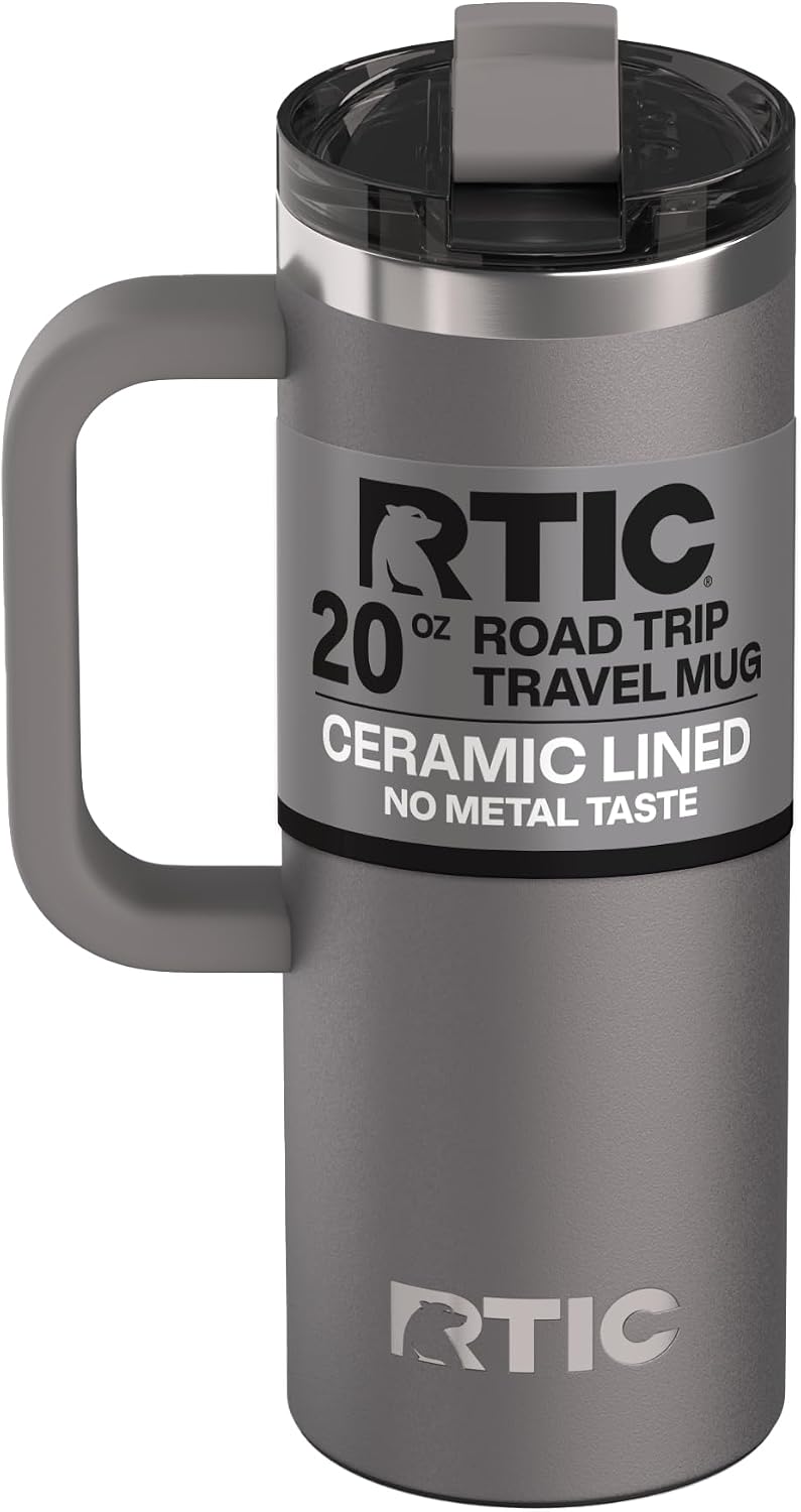 20oz Road Trip Travel Mug with Lid and Handle, Ceramic Lined, Beach | Stainless Steel Metal, Insulated Travel Cup for Hot and Cold Drinks, Coffee, Car, Camping and Travel