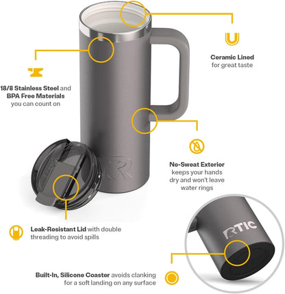 20oz Road Trip Travel Mug with Lid and Handle, Ceramic Lined, Beach | Stainless Steel Metal, Insulated Travel Cup for Hot and Cold Drinks, Coffee, Car, Camping and Travel