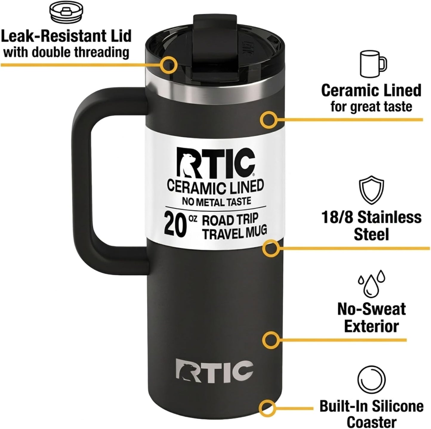 20oz Road Trip Travel Mug with Lid and Handle, Ceramic Lined, Beach | Stainless Steel Metal, Insulated Travel Cup for Hot and Cold Drinks, Coffee, Car, Camping and Travel