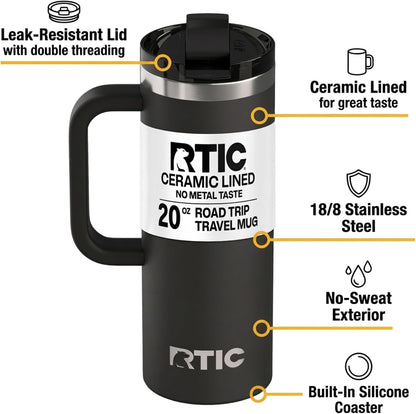 20oz Road Trip Travel Mug with Lid and Handle, Ceramic Lined, Beach | Stainless Steel Metal, Insulated Travel Cup for Hot and Cold Drinks, Coffee, Car, Camping and Travel