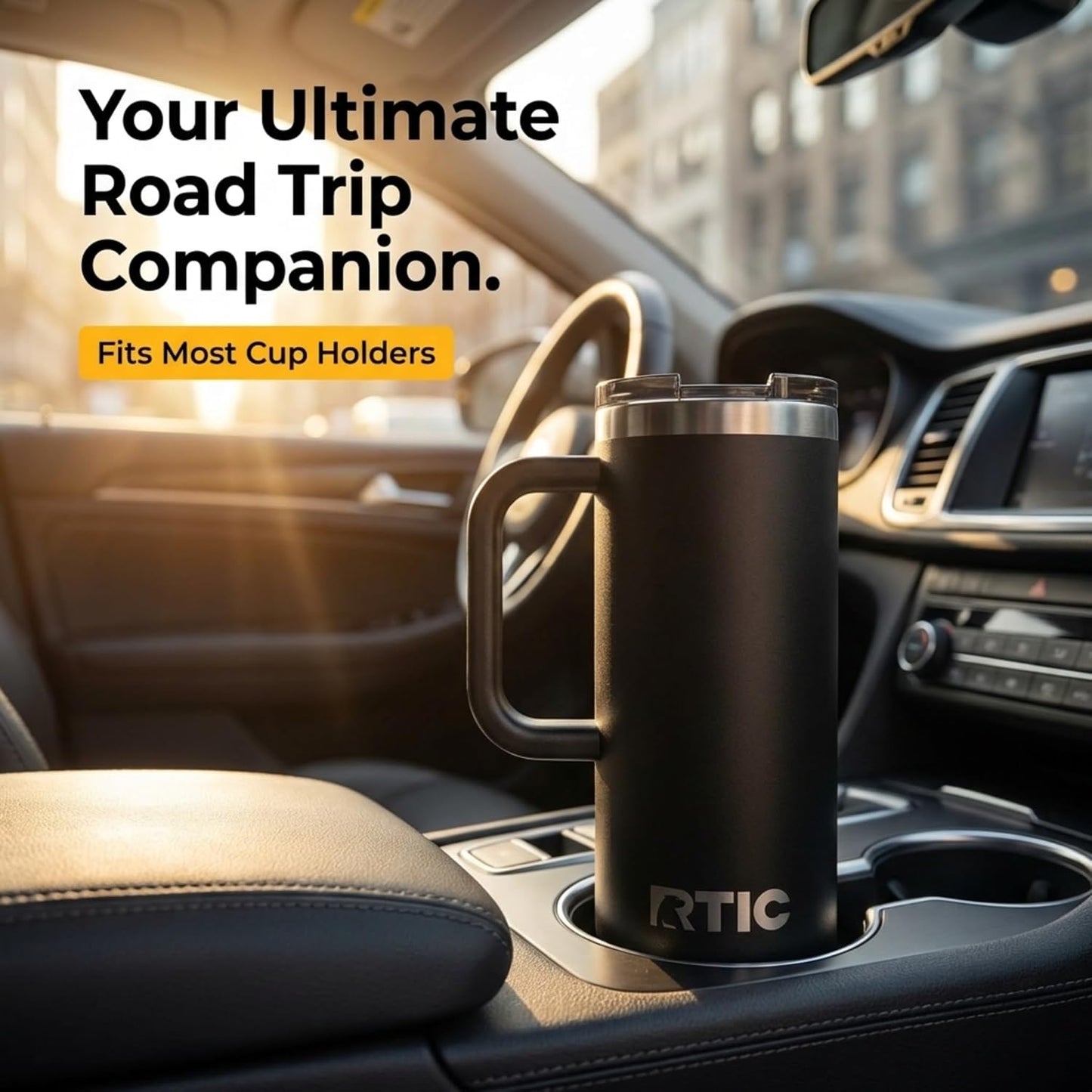 20oz Road Trip Travel Mug with Lid and Handle, Ceramic Lined, Beach | Stainless Steel Metal, Insulated Travel Cup for Hot and Cold Drinks, Coffee, Car, Camping and Travel
