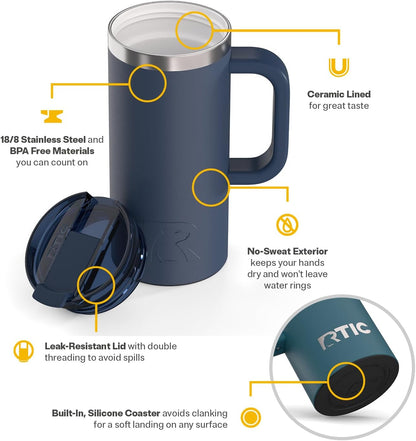 20oz Road Trip Travel Mug with Lid and Handle, Ceramic Lined, Beach | Stainless Steel Metal, Insulated Travel Cup for Hot and Cold Drinks, Coffee, Car, Camping and Travel