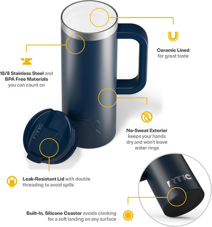 20oz Road Trip Travel Mug with Lid and Handle, Ceramic Lined, Beach | Stainless Steel Metal, Insulated Travel Cup for Hot and Cold Drinks, Coffee, Car, Camping and Travel