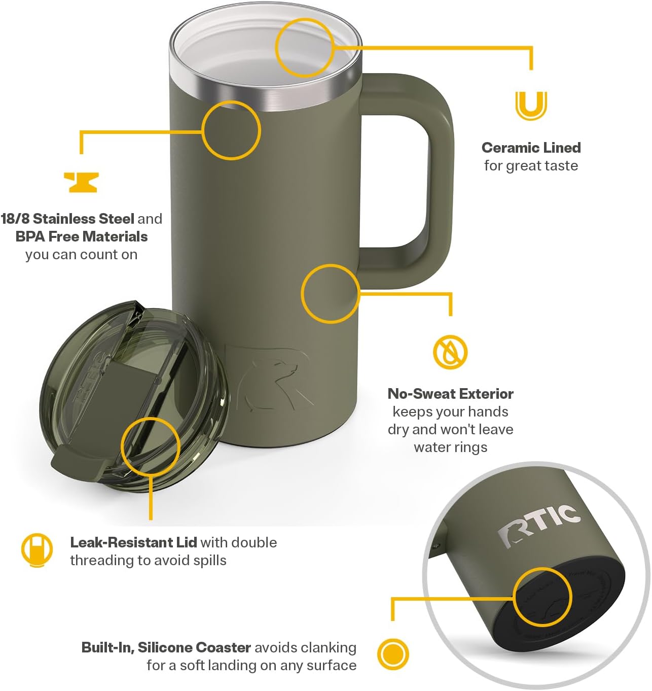 20oz Road Trip Travel Mug with Lid and Handle, Ceramic Lined, Beach | Stainless Steel Metal, Insulated Travel Cup for Hot and Cold Drinks, Coffee, Car, Camping and Travel