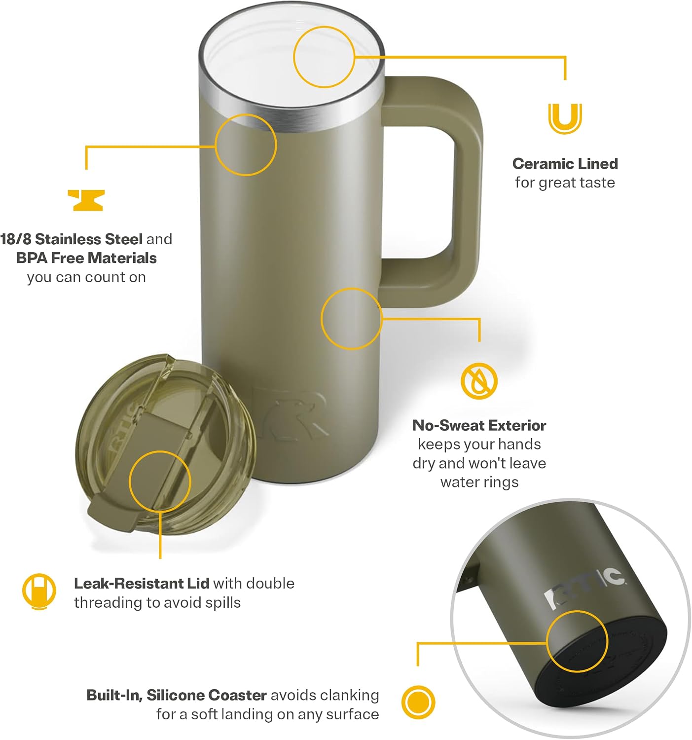 20oz Road Trip Travel Mug with Lid and Handle, Ceramic Lined, Beach | Stainless Steel Metal, Insulated Travel Cup for Hot and Cold Drinks, Coffee, Car, Camping and Travel