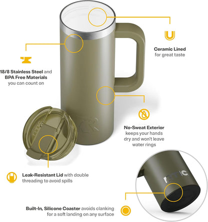 20oz Road Trip Travel Mug with Lid and Handle, Ceramic Lined, Beach | Stainless Steel Metal, Insulated Travel Cup for Hot and Cold Drinks, Coffee, Car, Camping and Travel