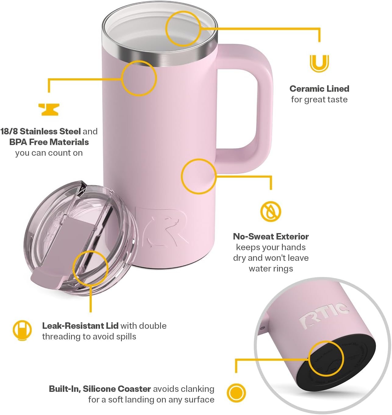 20oz Road Trip Travel Mug with Lid and Handle, Ceramic Lined, Beach | Stainless Steel Metal, Insulated Travel Cup for Hot and Cold Drinks, Coffee, Car, Camping and Travel