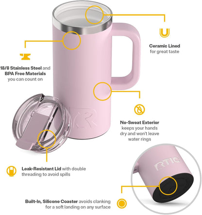 20oz Road Trip Travel Mug with Lid and Handle, Ceramic Lined, Beach | Stainless Steel Metal, Insulated Travel Cup for Hot and Cold Drinks, Coffee, Car, Camping and Travel