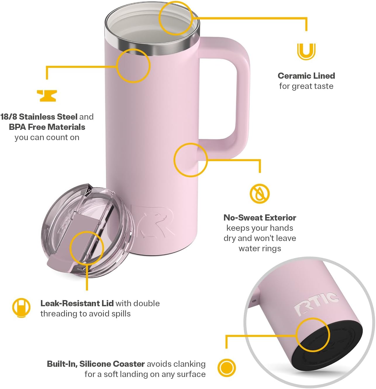 20oz Road Trip Travel Mug with Lid and Handle, Ceramic Lined, Beach | Stainless Steel Metal, Insulated Travel Cup for Hot and Cold Drinks, Coffee, Car, Camping and Travel