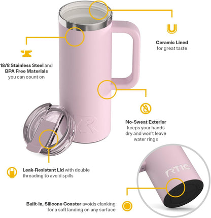 20oz Road Trip Travel Mug with Lid and Handle, Ceramic Lined, Beach | Stainless Steel Metal, Insulated Travel Cup for Hot and Cold Drinks, Coffee, Car, Camping and Travel