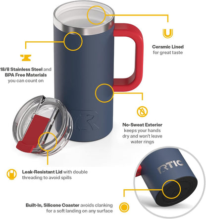 20oz Road Trip Travel Mug with Lid and Handle, Ceramic Lined, Beach | Stainless Steel Metal, Insulated Travel Cup for Hot and Cold Drinks, Coffee, Car, Camping and Travel