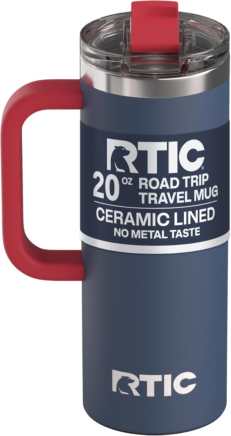 20oz Road Trip Travel Mug with Lid and Handle, Ceramic Lined, Beach | Stainless Steel Metal, Insulated Travel Cup for Hot and Cold Drinks, Coffee, Car, Camping and Travel