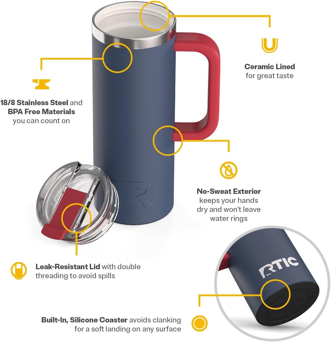 20oz Road Trip Travel Mug with Lid and Handle, Ceramic Lined, Beach | Stainless Steel Metal, Insulated Travel Cup for Hot and Cold Drinks, Coffee, Car, Camping and Travel