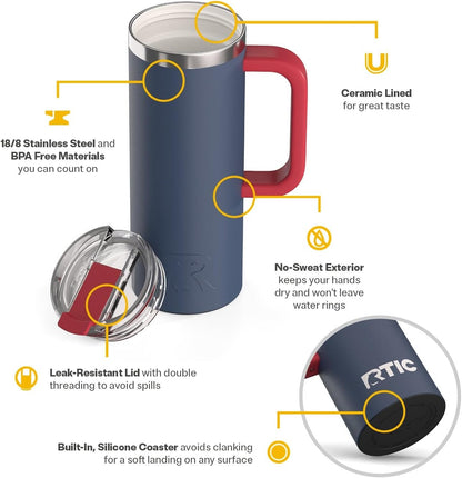 20oz Road Trip Travel Mug with Lid and Handle, Ceramic Lined, Beach | Stainless Steel Metal, Insulated Travel Cup for Hot and Cold Drinks, Coffee, Car, Camping and Travel
