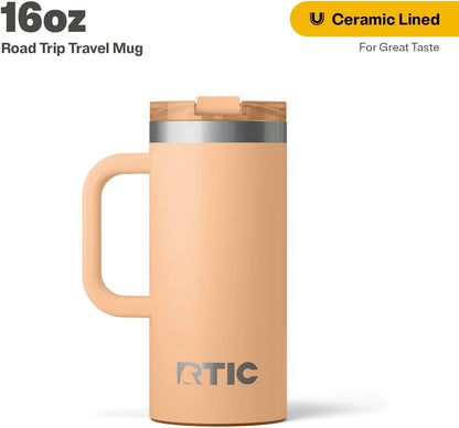 20oz Road Trip Travel Mug with Lid and Handle, Ceramic Lined, Beach | Stainless Steel Metal, Insulated Travel Cup for Hot and Cold Drinks, Coffee, Car, Camping and Travel