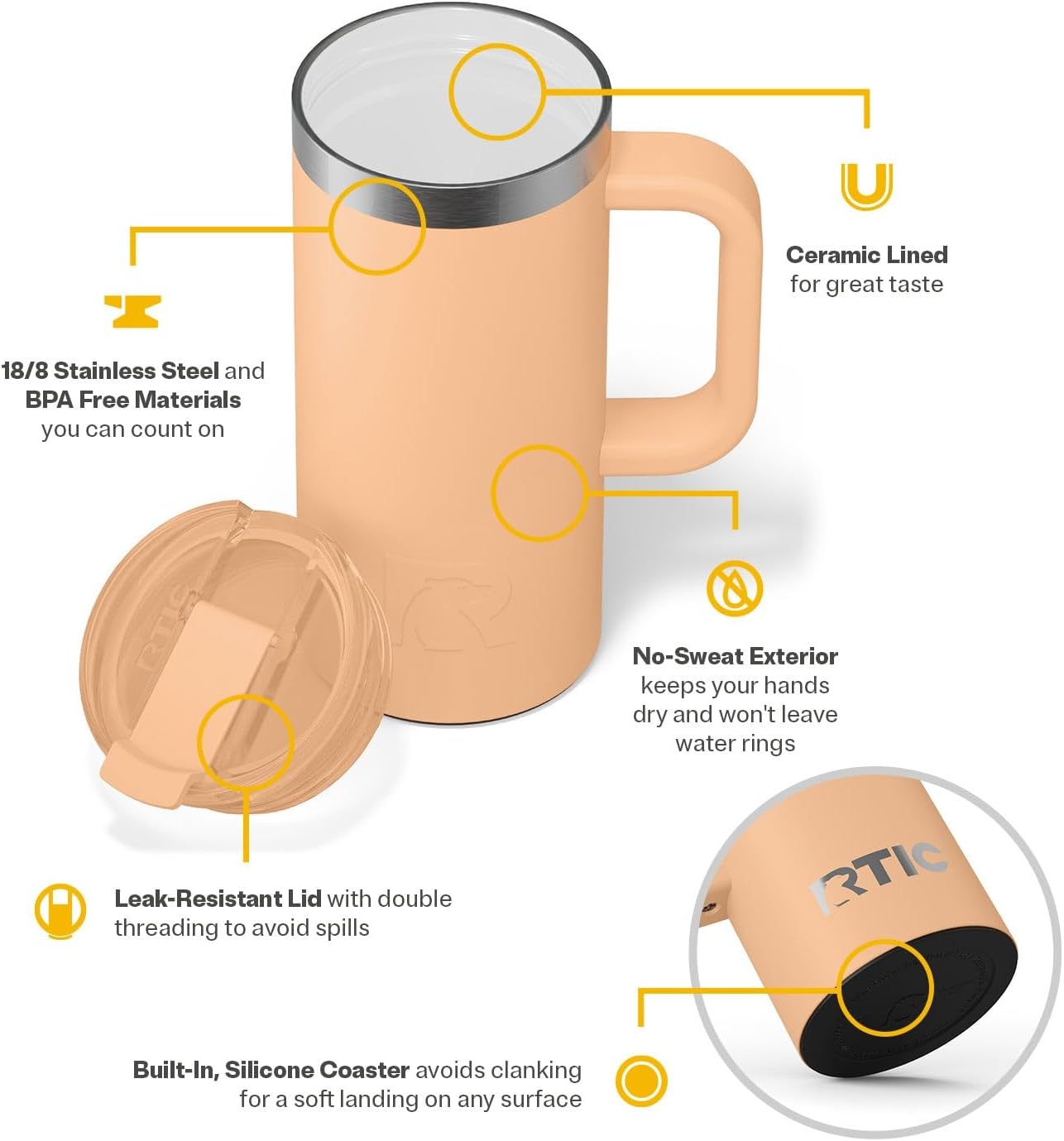 20oz Road Trip Travel Mug with Lid and Handle, Ceramic Lined, Beach | Stainless Steel Metal, Insulated Travel Cup for Hot and Cold Drinks, Coffee, Car, Camping and Travel