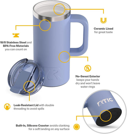20oz Road Trip Travel Mug with Lid and Handle, Ceramic Lined, Beach | Stainless Steel Metal, Insulated Travel Cup for Hot and Cold Drinks, Coffee, Car, Camping and Travel