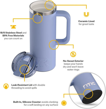 20oz Road Trip Travel Mug with Lid and Handle, Ceramic Lined, Beach | Stainless Steel Metal, Insulated Travel Cup for Hot and Cold Drinks, Coffee, Car, Camping and Travel