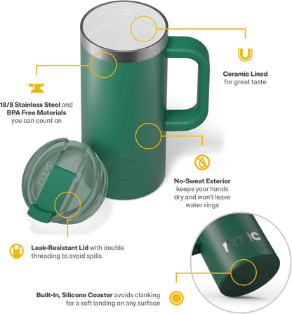 20oz Road Trip Travel Mug with Lid and Handle, Ceramic Lined, Beach | Stainless Steel Metal, Insulated Travel Cup for Hot and Cold Drinks, Coffee, Car, Camping and Travel