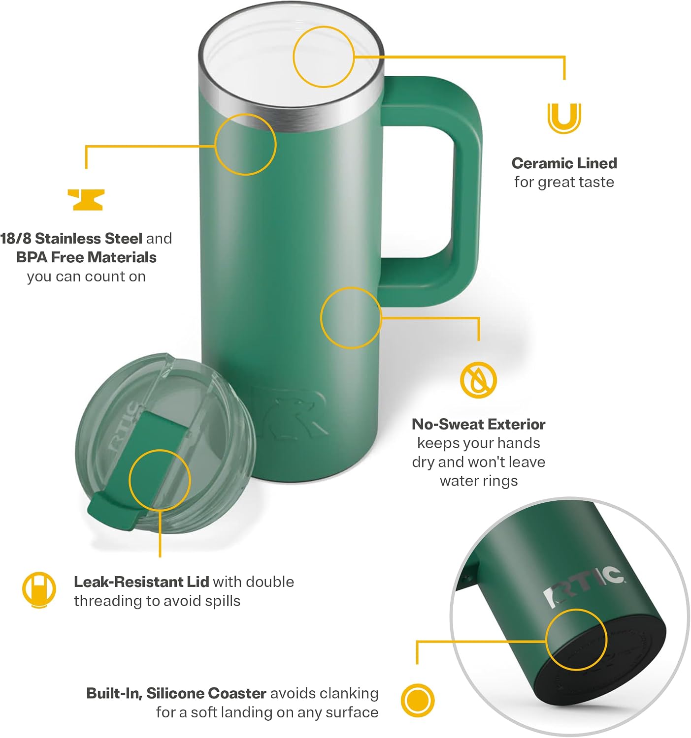 20oz Road Trip Travel Mug with Lid and Handle, Ceramic Lined, Beach | Stainless Steel Metal, Insulated Travel Cup for Hot and Cold Drinks, Coffee, Car, Camping and Travel