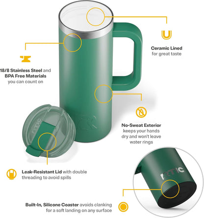 20oz Road Trip Travel Mug with Lid and Handle, Ceramic Lined, Beach | Stainless Steel Metal, Insulated Travel Cup for Hot and Cold Drinks, Coffee, Car, Camping and Travel