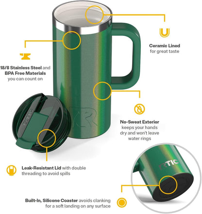 20oz Road Trip Travel Mug with Lid and Handle, Ceramic Lined, Beach | Stainless Steel Metal, Insulated Travel Cup for Hot and Cold Drinks, Coffee, Car, Camping and Travel