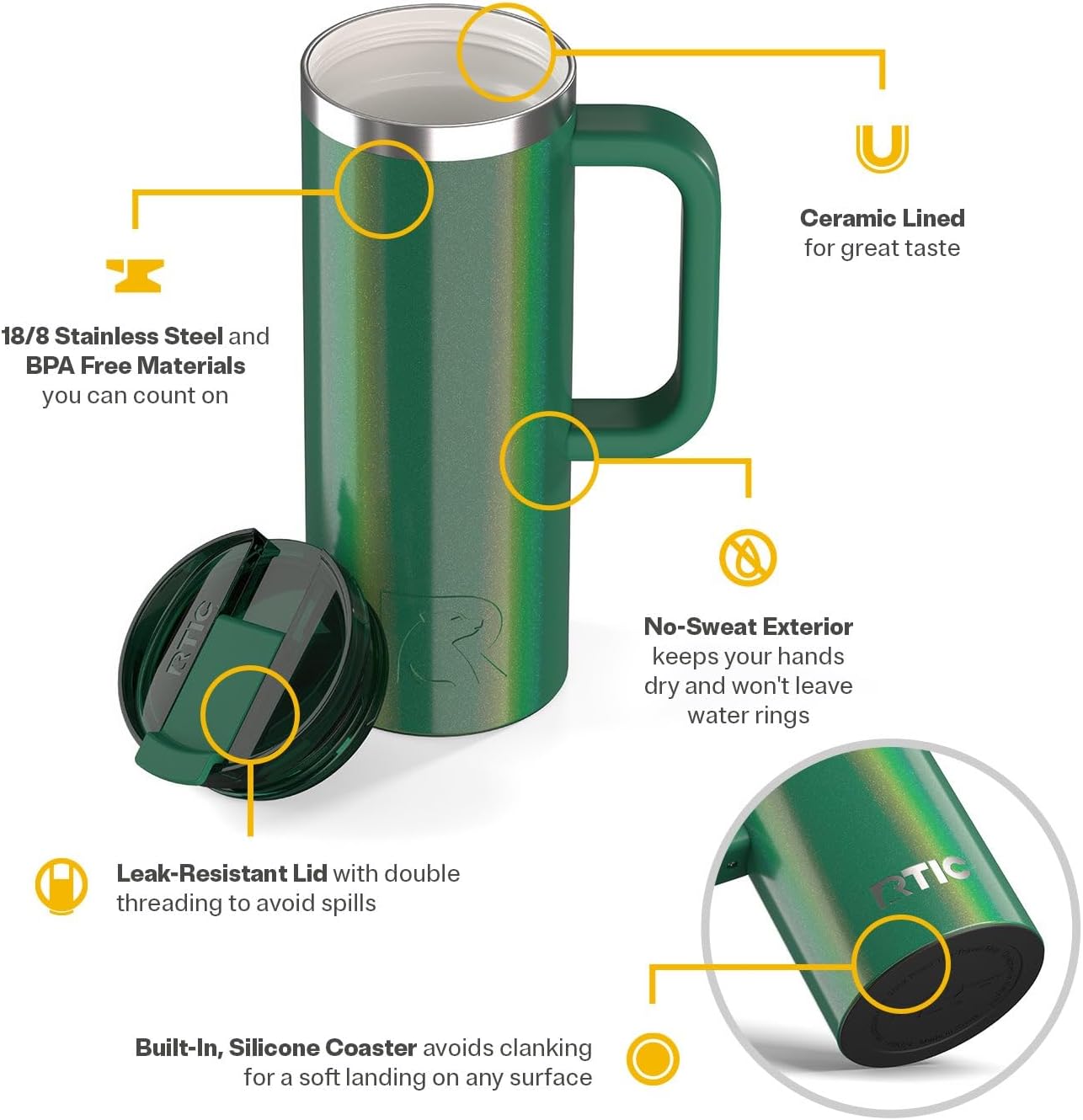 20oz Road Trip Travel Mug with Lid and Handle, Ceramic Lined, Beach | Stainless Steel Metal, Insulated Travel Cup for Hot and Cold Drinks, Coffee, Car, Camping and Travel